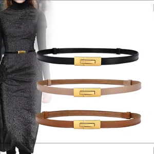 Skinny Waistband for Women Elegant Leather Golden Buckle Belt Versatile Solid Color Retro Girdle Belt Stylish Accessory