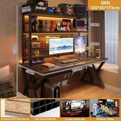BMZAR Bàn làm việc Bàn Gaming Bàn học chân chữ K cong kèm kệ lửng cùng lỗ đi dây thông minh thiết kế Gỗ MDF 15mm đầy