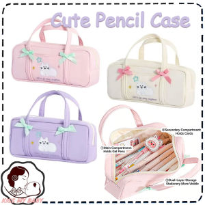 Cute Embroidery Cat Pencil Case Handheld Bowknot Holds Large Capacity Stationery Pouch For Girls School Students Gift
