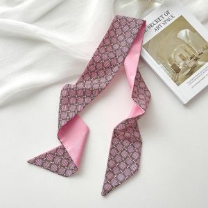 JPTD Ribbon Headband Silk Scarf Flower Pink Long Scarf Retro Neckerchief Printed Scarf Women