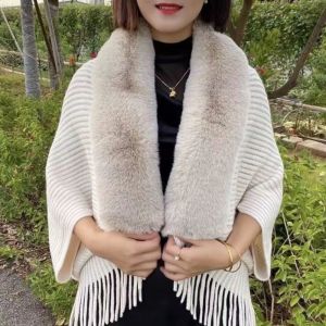 WAPKTY Fashion Cloak Evening Dresses Winter Warm Faux Fur Collar Plush Wraps Knitting Shawl