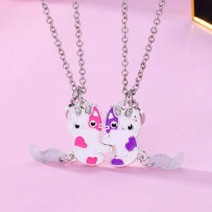 [fenggongshuode] 2Pcs set Cartoon Cat Shape Pendant Chain Best Friends Necklace BFF Friendship Childrens Jewelry Gift For Girls