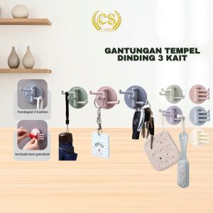 CS Gantungan Tempel Dinding 3 Kait  Gantungan Serbaguna  Rotating Hook
