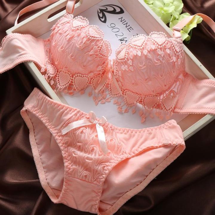 Beautyinggirls Lace Sexy Thin Deep V-neck Push Up Underwear hot-selling  Vintage Solid Color Bra Set