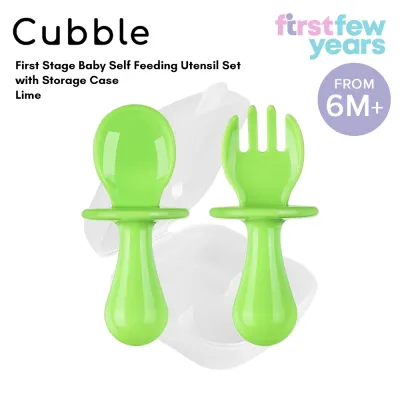 Cubble First Stage Baby Self Feeding Utensil Set with Storage Case (8 Colours) - On-the-go Fork and Spoon Set for 6M+