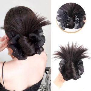LAOO โบว์ประดับคริสตัล วิกผมทรงดอกไม้ คลิปหนีบ ขนสังเคราะห์ ชิ้นผมปลอม ของตกแต่งผม ยางรัดผม ชิญงหยิกยุ่ง ผู้หญิง