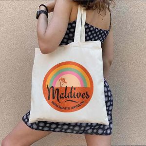 Vintage Summer Beach Holiday Maldives Maldivian Flag Love Heart Shoulder Canvas Totes Bag Shopping Summer Beach Shopper Handbags