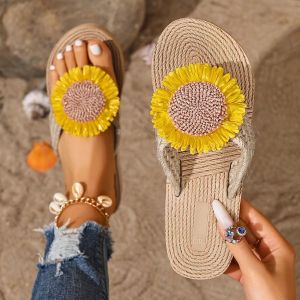 Linen Sunflower Flat Flip-Flops Versatile WomenS Plus Size Sandals For Outdoor Wear Non-Slip Casual Beach Shoes