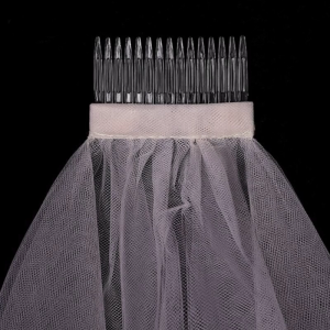 Double Layer Mesh Tulle Solid Color Women Short Wedding Veil with Comb Ribbon Edge Center Cascade Bride Headpiece Party Hair Accessories