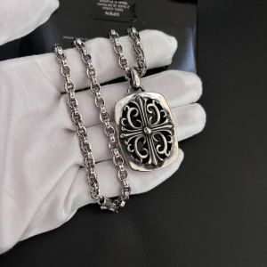 Ćhřomę & Ĥeaŕts S925 Silver Retro European and American Style Rose Flower Square Brand Pendant Couple with The Same Letter Chain Pendant Necklace