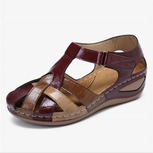 [Free Shipping] WomenS Round-Toe Large-Size Closed-Toe Sandals With A Wedge Heel Retro Style Suitable For Summer Roman-Style With Velcro Straps