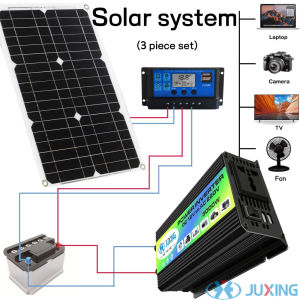 JUXING Smart Solar Panel Power Inverter Kit 6000W Peak Power Car Power Inverter + 25W Solar Panel + 30A Solar Controller for Car Fan Boat Ship Home Outdoor use DC12V to 220V Modified Sine Wave Emergency Power Supply