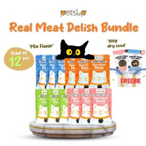 sup 12pcs Real Meat Delish Cat Wet Food Bundle with Free Dry Food  Makanan Basah Kucing Pouch Cat Murah kitten