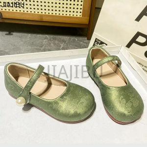 Kids Girl Retro Fashion Satin Embroidered Shoes Kids Shoes Cute Girls White Flat Princess Shoes Versatile Casual Green Small Leather Shoes Korean Fashion Platform Mary Jane Shoes Silver Cosplay Doll Shoes Non-slip Lolita Shoes Dance Performance Shoes