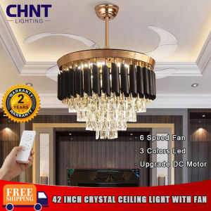 CHNT 42 Inches Retractable Crystal Ceiling Fans with Lights and RemoteIndoor Luxury Chandelier 3 Color Temperature LED Ceiling Light6 Speeds Frequency Conversion Invisible Smart Fan For Living Room Dining Light Bedroom Ceiling Light Decorative Lights