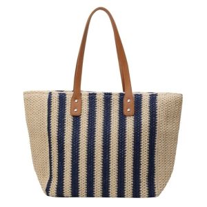 Fashion Striped Straw Shoulder Bag Breathable Bohemian Summer Beach Bag Large Capacity Zipper Weave Tote Bag Holiday