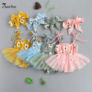 ฤดูร้อนเด็กทารกเด็กสาวน่ารัก Romper ชุดดอกทานตะวันพิมพ์ลายเข็มขัดชุดจั๊มสูทลูกไม้ Headband