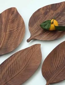 FFBH Wooden Fruit Platter Desktop Storage Tray Leaf Shape Snack and Dim Sum Plate Walnut Leaf Dish Jewelry Trays Decorative 7M5T2