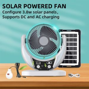 Solar fan 6-inch rechargeable electric fan with built-in battery LED emergency light and solar pane【24H-Shipping】
