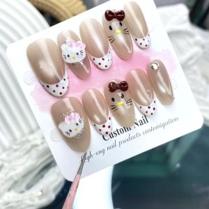 KL003 Nailbox thiết kế móng tay giả họa tiết mèo đính nơ đỏ đính đá lấp lánh phong cách Hàn Quốc