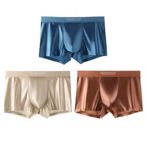 KUCHAR 3PCS Luxury Ice Silk Satin-like Seamless Boxers Men Smooth Cool Solid Mens Panties Breathable Mesh Crotch Underwear