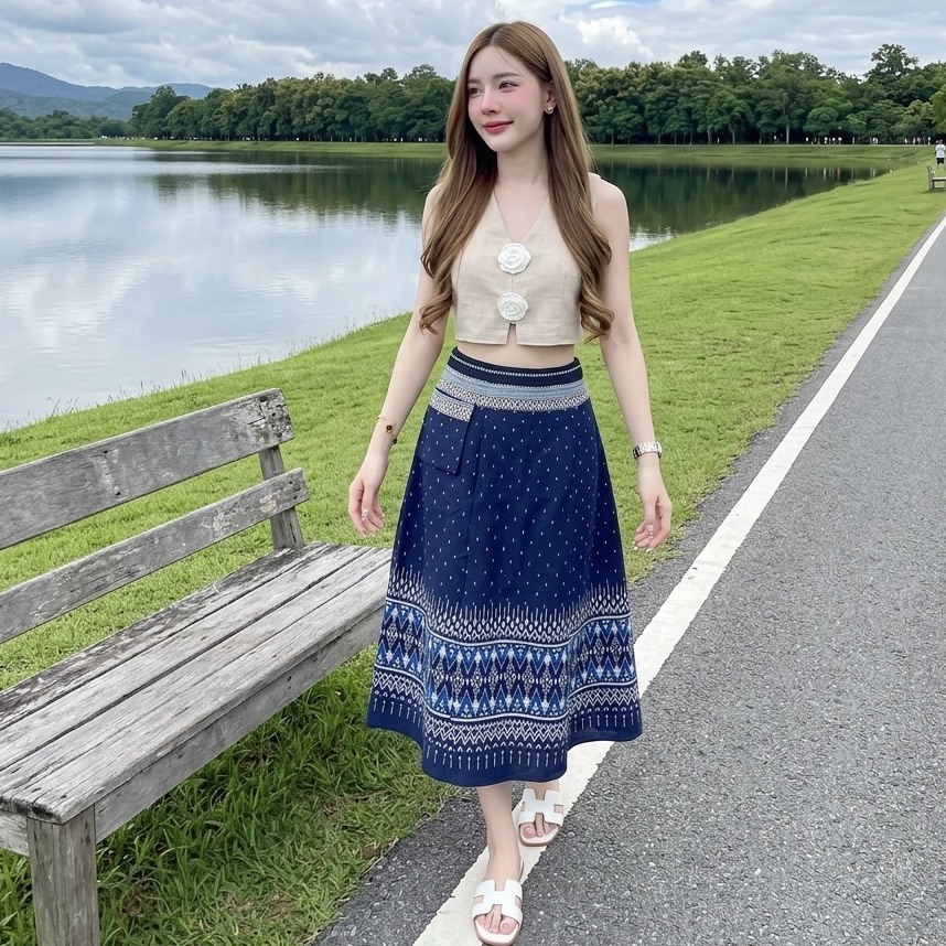 LANNA กระโปรงผ้าไทยทรงเอ ผ้าฝ้ายพิมพ์ลาย ใส่สบาย พรางพุง สวยทุกวัน มุมมองที่ 8