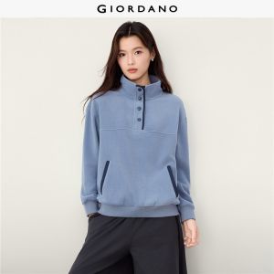 GIORDANO Women Sweatshirts Polar Fleece Contrast Trim Sweatshirts Stand Collar Fashionable Casual Sweatshirts 13325752