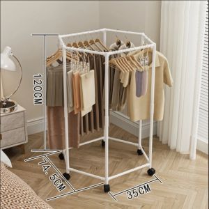 CHENJIE Rotating Hexagonal Clothing Rack with Wheels Sturdy Construction Movable Clothing Storage Rack  Space-saving Vertical Garment Hanger Home Use