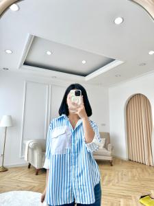 NANDO ATASAN KEMEJA OVERSIZE GARIS SALUR WANITA KOREAN STYLE KATUN IMPORT