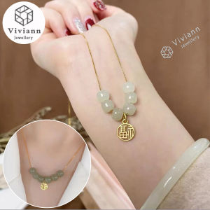 Viviann Original Good Luck Hetian Jade Necklace Clavicle Chain Luxury 14k Gold Choker Necklace For Women Pendant Jewelry for Ladies Birthday Gift Gem Stone Beads Necklaces