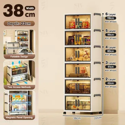 SIV 38cm/52cm Foldable Multi-Layer Storage Box Cabinet Plastic Organizer with Magnetic Door & Wheel