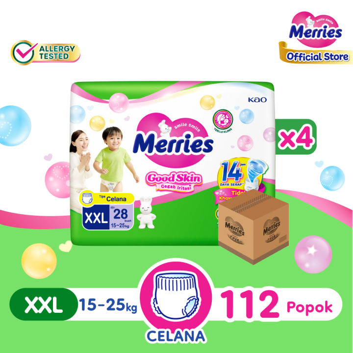 Merries Good Skin Pants Popok Perlengkapan Bayi XXL (15-25kg) Isi 28 x 4 - isi 112 (Carton) Kurangi Risiko Alergi Pada Kulit Bayi