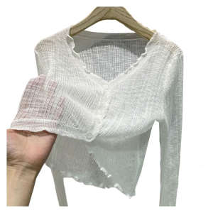Phụ nữ áo Cardigan dệt kim lụa lạnh che nắng dài tay Trọng lượng nhẹ bảo vệ áo hở rốn mùa hè cổ chữ V Cài Nút Áo MặC Ngoài dáng ôm