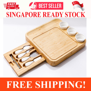 BAMBOO CHEESE BOARD SET WITH 4 CHEESE KNIVES 3 CEREMIC BOWLS SERVING FORKS PREMIUM CHARCUTERIE BOARD WITH SLIDE OUT HIDDEN DRAWER AND GROVES MAKES PERFECT GIFT 34 BY 34 CM