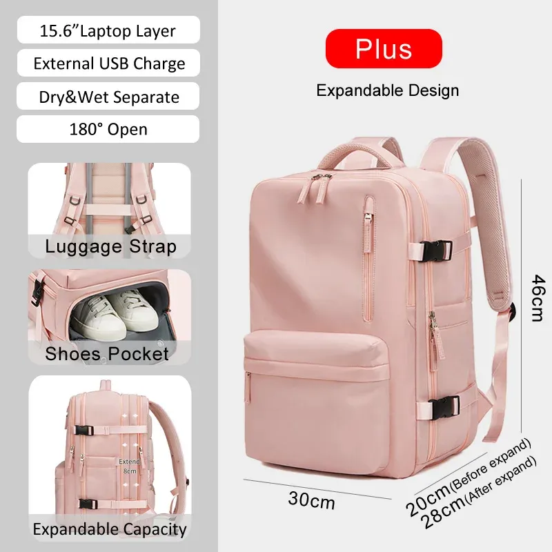 Women's Travel Backpack 16" Laptop - Expandable 39L USB Charging Backpack With Shoe Bag, Waterproof Business Backpack