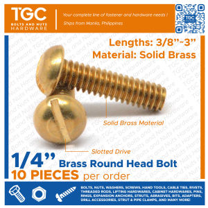 TGC 10PCS Brass Roundhead 1/4 x 1/2~3 inches Brass Stovebolt Round Head Bolt Screw