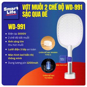 Vợt muỗi 2 trong 1 WD 991 siêu mạnh 1200mAh màn hình LED hiển thị dung lượng pin