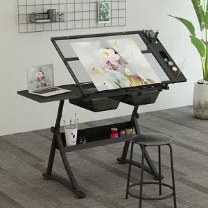 Studio Designs Art Drawing Table 35.5"W x 23.75"D 156*60*93CM 0-50 Degree Adjustable 74-93CM Height Adjustable Wood Stable Triangle Support Under Table Storage Toughened Glass Top Durable Load-Bearing