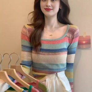 IELGY Womens rainbow striped square neck knitted top