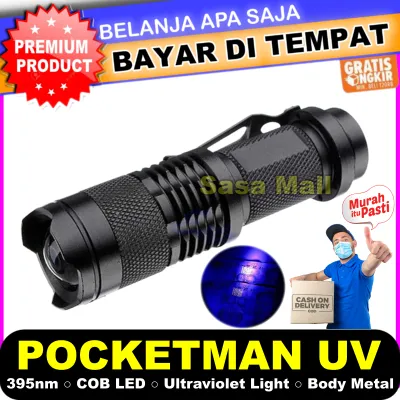 [COD] Senter LED Pocketman UV 395nm Warna Hitam Sinar Ungu UltraViolet Alat Deteksi Uang Palsu Body Metal Ultra Violet Laz COD Bisa Bayar di Tempat Sasa Mall