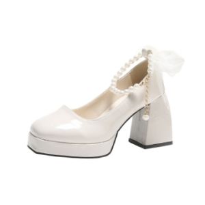 Mary Jane Shoes Fashion Block Heel Foreign Pearl High Heel Square Toe Vintage Sweet Shoe for Women