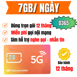 (MIỄN PHÍ 1 NĂM) Sim D365 Vietnamobile Dùng Mạng Tẹt ga 210GB/Tháng (7GB/Ngày) Full Tốc Độ Cao Gọi Thoại Nội Mạng Free | FREESHIP - CHƯA KÍCH HOẠT