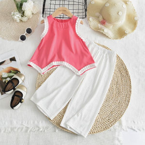 เสื้อยืดเสื้อท่อนบนลายลูกไม้อัดพลีทสำหรับเด็กแนวแบร์ลีดเดอร์มาชุดเสื้อผ้าเด็กผู้หญิงทารกสีชมพูชุด2ชิ้นสำหรับกางเกงขาบานชุดสำหรับเด็กผู้หญิงอายุ3ถึง7ปี