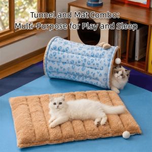 SVSAKZ168 Thickened 2 in 1 Cat Tunnel Bed Folding Plush Warm Cat Hide Tunnel Cushion Breathable with Plush Ball Pet Sleeping Mat Indoor Home