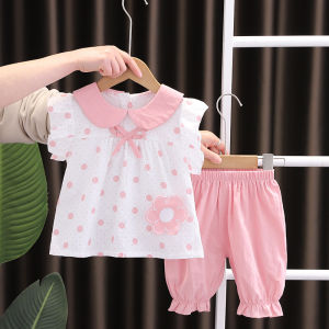 IBB Setelan bayi dan anak perempuan kasual set pendek kekinian set cewe pendek korean style motif wave kualitas import termurah cocok untuk harian jalan jalan ootd 2023 7090-06