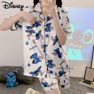 2Pcs Disney-Womens Stitch Pajamas Set Cinnamoroll Short Short Sleeve Cartoon Ice Silk Homewear Summer T-Shirt Casual Clothes