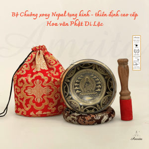[Amrita] Bộ Chuông xoay Nepal tụng kinh - thiền định cao cấp Hoa văn Phật Di Lặc 12.8cm - chuông xoay - mõ tụng kinh - CXNP11