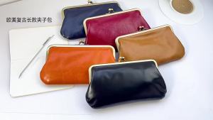 New European and American retro clip bag genuine leather simple long clutch bag wallet clutch purse with clasp large capacity storage bag