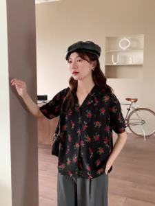 Ammin เสื้อคอปกแบบลำลองสำหรับผู้หญิงเสื้อเบลาส์กระดุมแถวเดียวแขนสั้นลายดอกไม้สีสดใสเสื้อฝ้ายแท้ฤดูร้อน2024