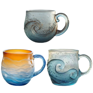 แก้วลายทะเลสีฟ้าเคลือบแก้วมัคขนาด12ออนซ์แก้วเป่ามือลายมหาสมุทรหมุนสำหรับดื่มกาแฟ